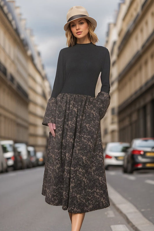 VICKY LONG BELL SLEEVE MIDI DRESS (BLACK / BLACK CAMEL LACE)-VD3394