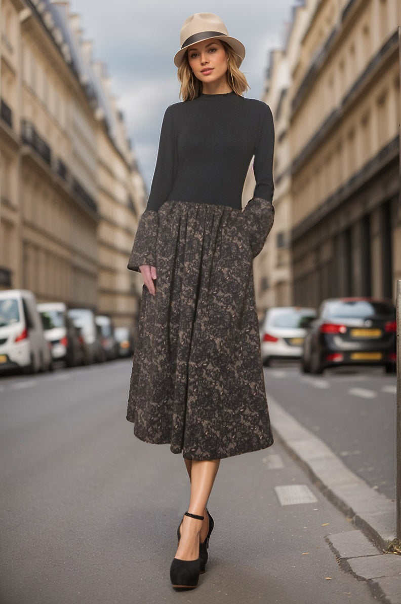 VICKY LONG BELL SLEEVE MIDI DRESS (BLACK RIB / BLACK CAMEL LACE)-VD3394