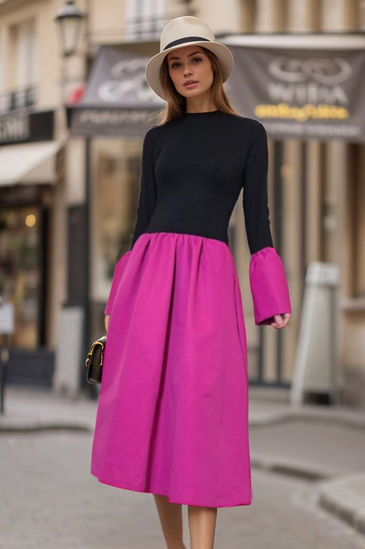 VICKY LONG BELL SLEEVE MIDI DRESS (BLACK / FUSCHIA)-VD3394
