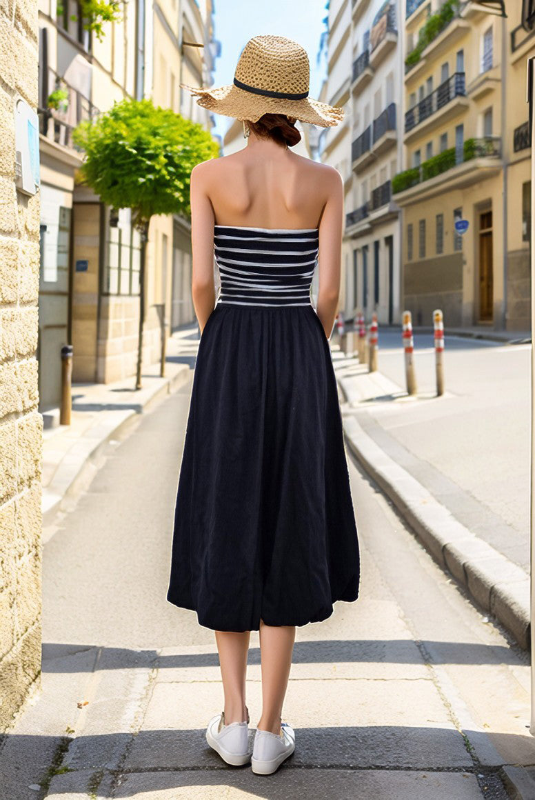 MIRA TUBE MIDI BUBBLE DRESS (BLK WHT STRIPE / BLACK LINEN) -VD3413