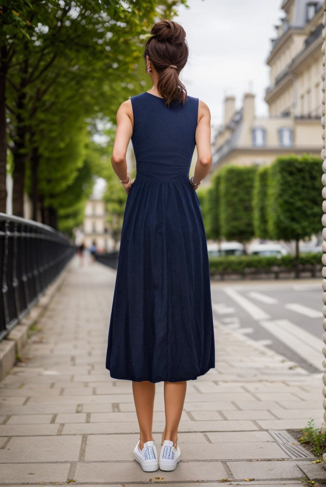 MIRA TANK MIDI BUBBLE DRESS (BLACK RIB / BLACK LINEN) -VD3414