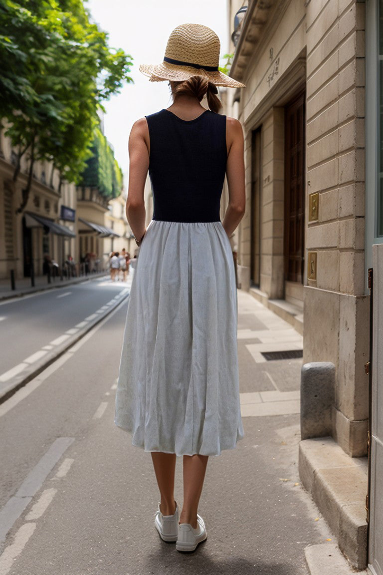 MIRA TANK MIDI BUBBLE DRESS (BLK RIB-NATURAL TAUPE LINEN) -VD3414