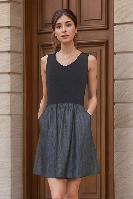 MIMI V NECK TANK DRESS (NAVY RIB / DENIM)- VD3416