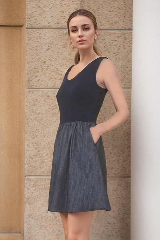 MIMI V NECK TANK DRESS (NAVY RIB / DENIM)- VD3416