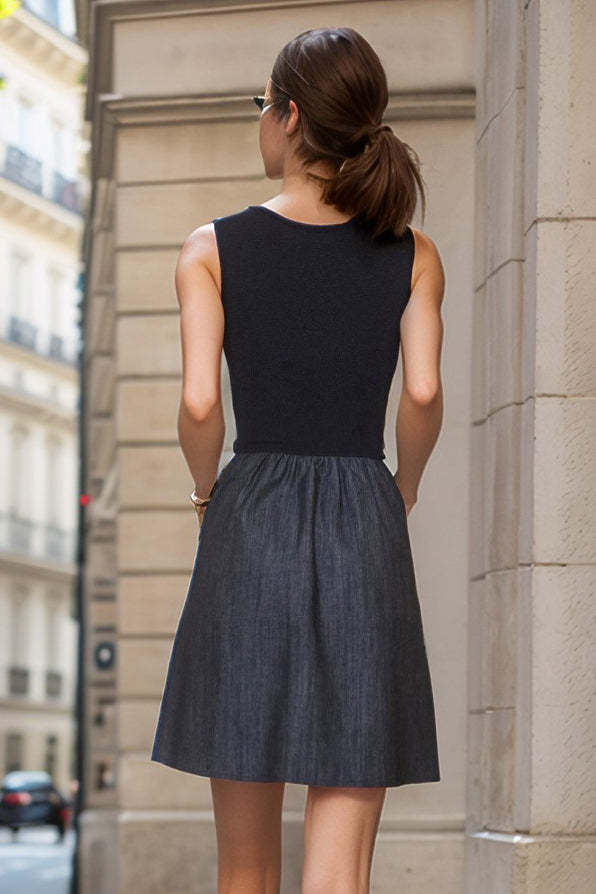 MIMI V NECK TANK DRESS (NAVY RIB / DENIM)- VD3416