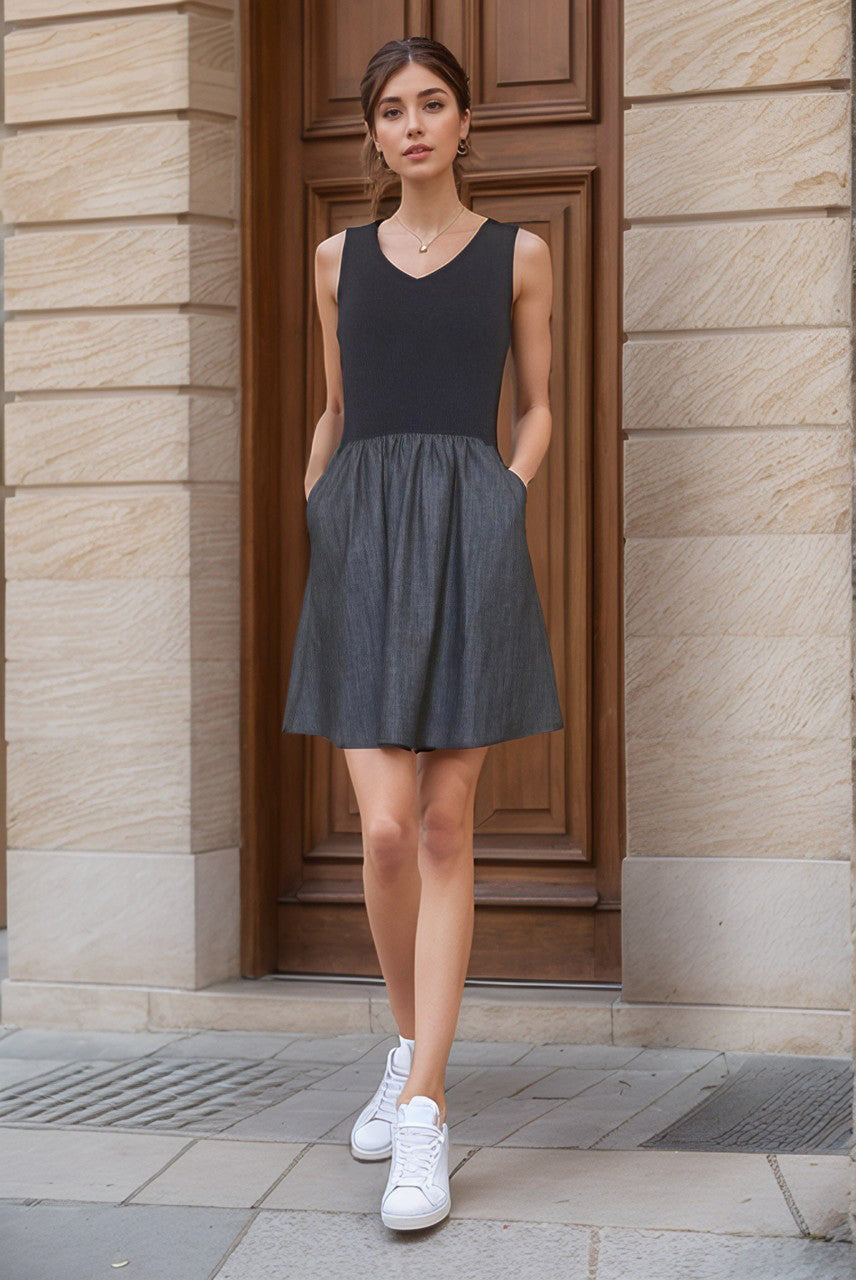 MIMI V NECK TANK DRESS (NAVY RIB / DENIM)- VD3416