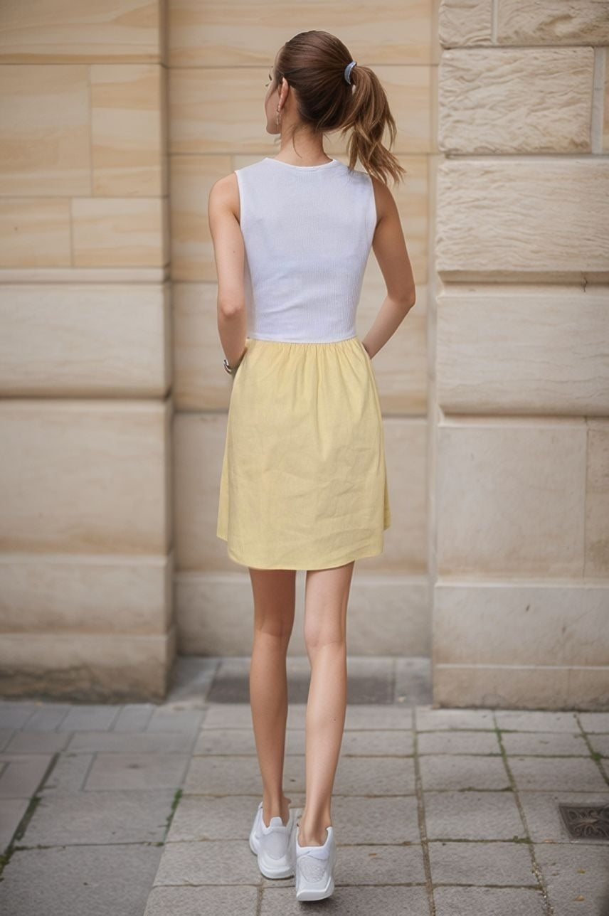 MIMI V NECK TANK DRESS (WHITE RIB / YELLOW)- VD3416