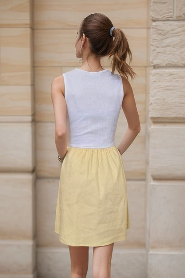 MIMI V NECK TANK DRESS (WHITE RIB / YELLOW)- VD3416