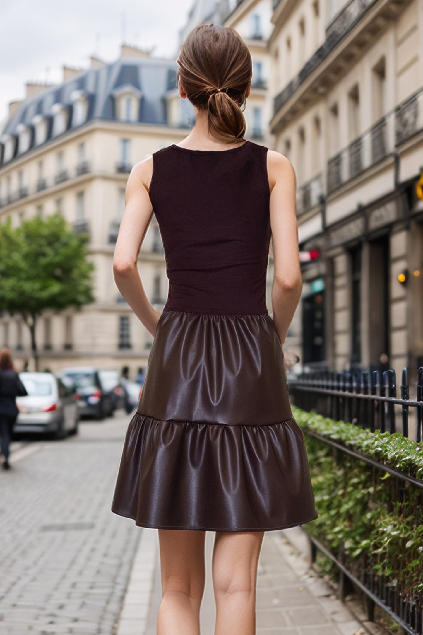 MIMI RUFFLE DRESS (DARK WINE VEGAN LEATHER)- VD3423PU