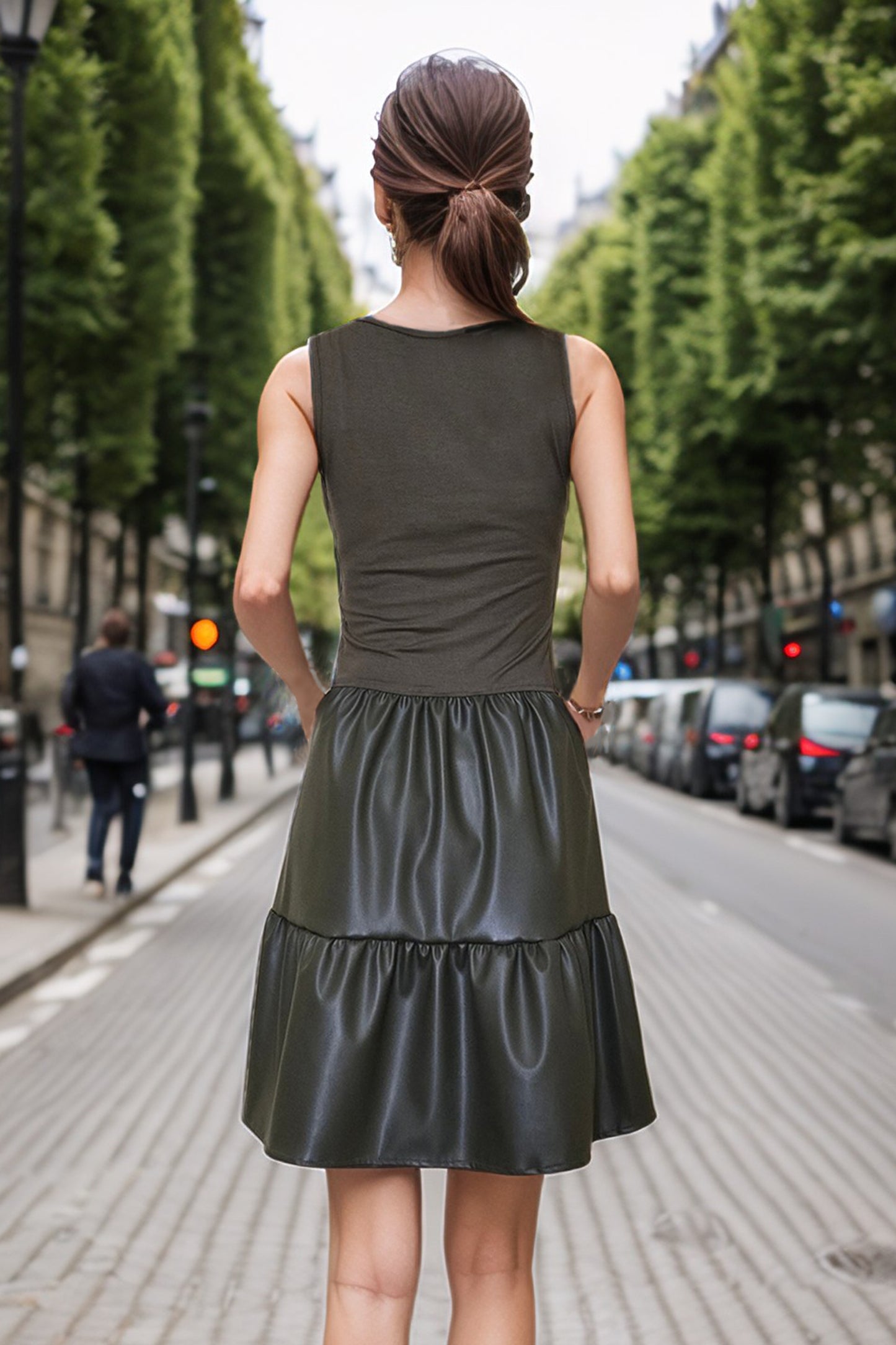 MIMI RUFFLE DRESS (OLIVE VEGAN LEATHER)- VD3423PU