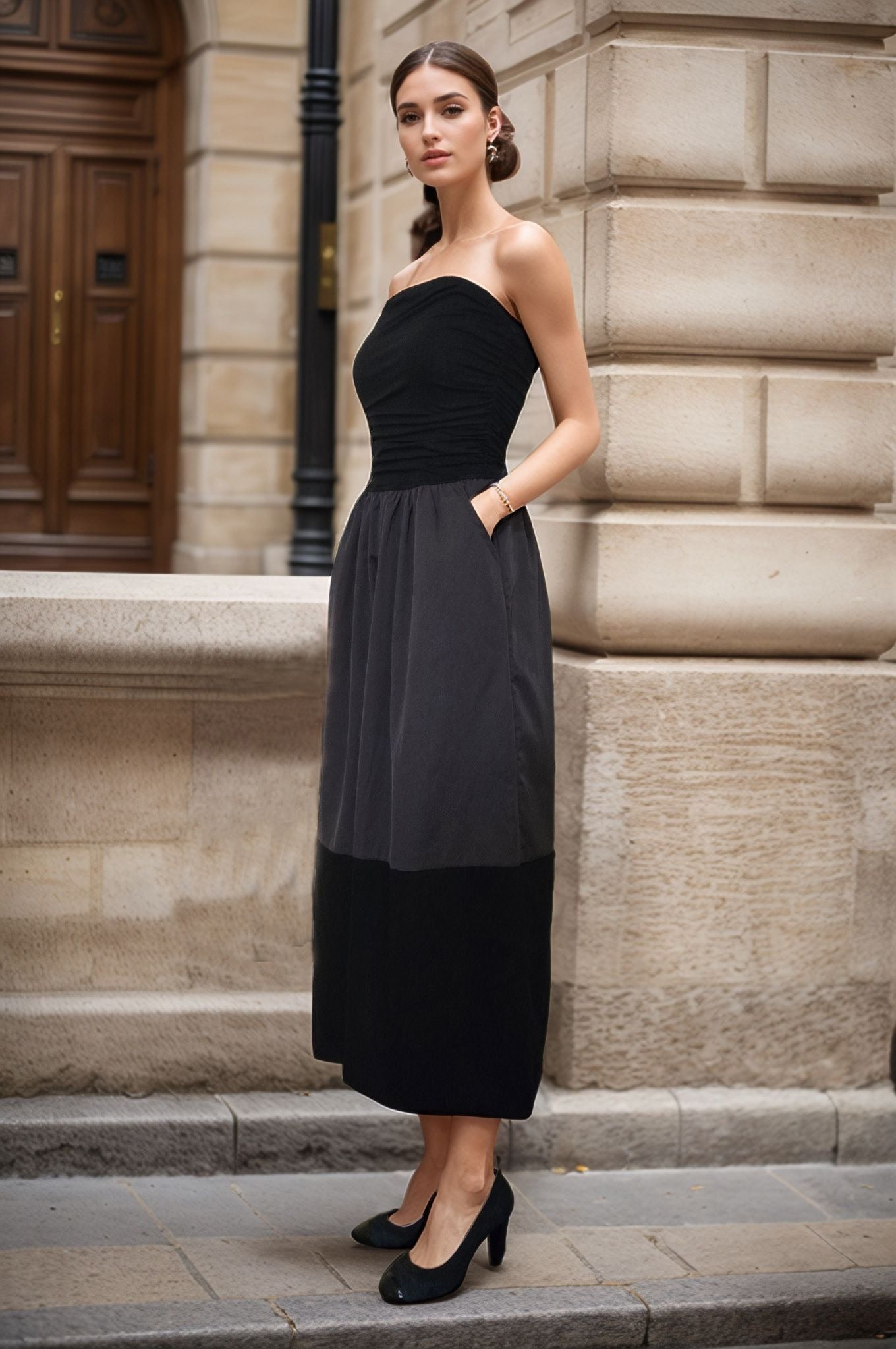 BRITTNEY COLOR BLOCK TUBE MID DRESS(BLK/CHARCOAL/BLK)-VD3434