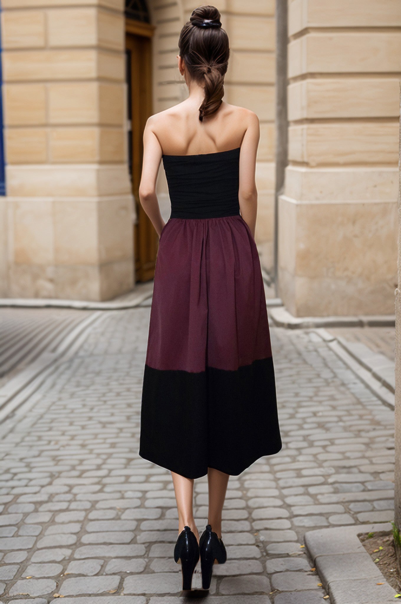 BRITTNEY COLOR BLOCK TUBE MID DRESS(BLK/WINE/BLK)-VD3434