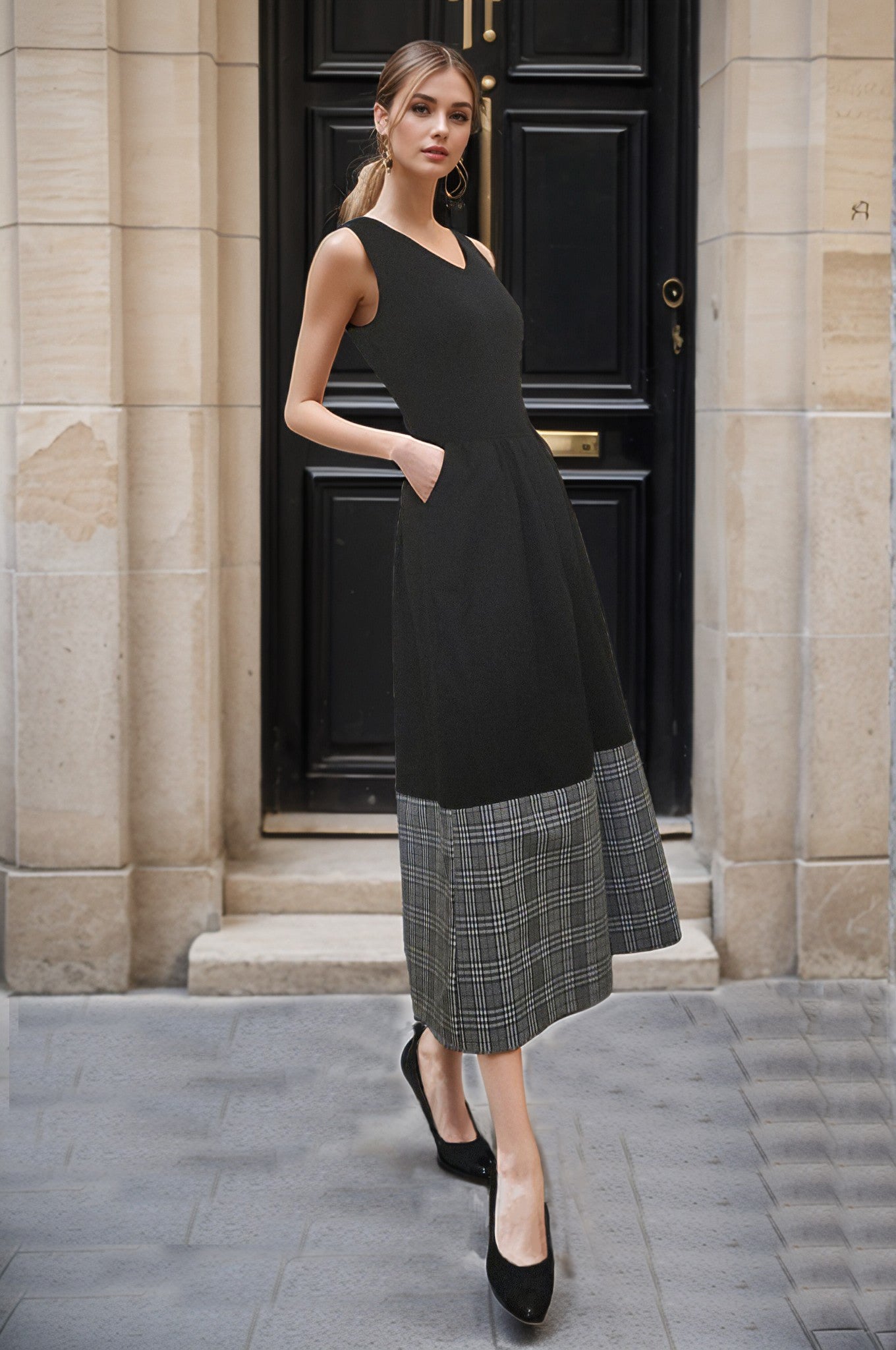 BRITTNEY COLOR BLOCK PLAID MIDI DRESS(BLK/PLAID)-VD3437