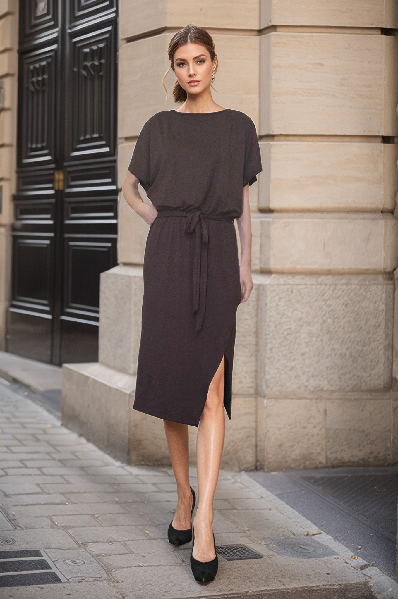 HARPER WAIST TIE MIDI DRESS (CHOCOLATE BROWN)-VD3439