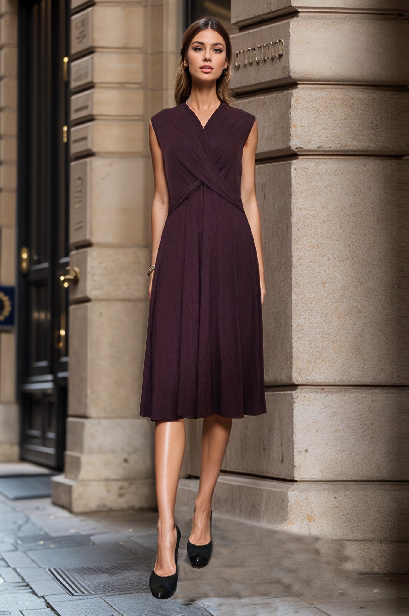 HARPER TWIST FRONT MIDI DRESS (DARK WINE)-VD3443