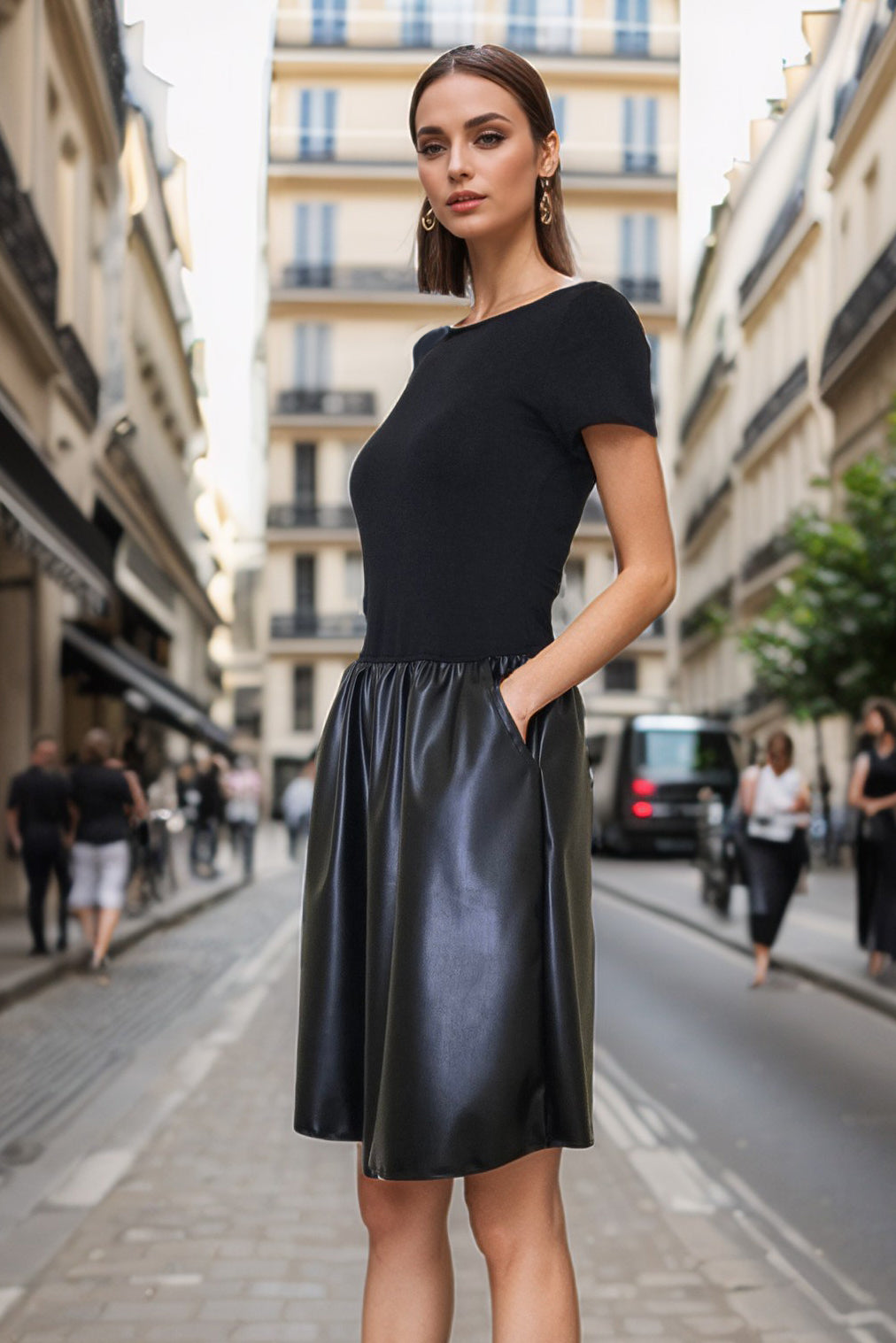 ELLE CAP SLEEVE DRESS (BLACK VEGAN LEATHER) - VD3444PU (Copy)