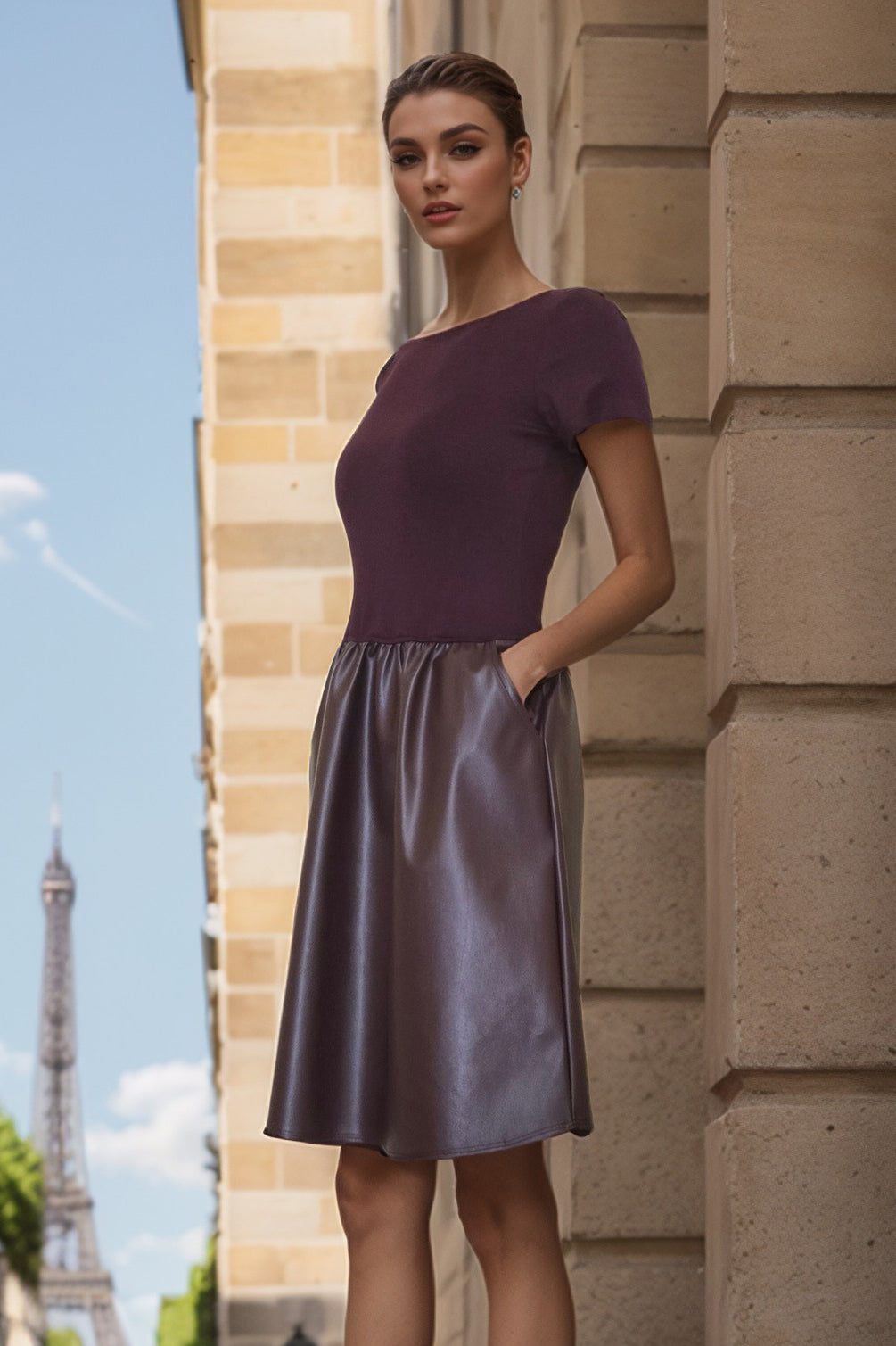 ELLE CAP SLEEVE DRESS (DARK WINE VEGAN LEATHER) - VD3444PU