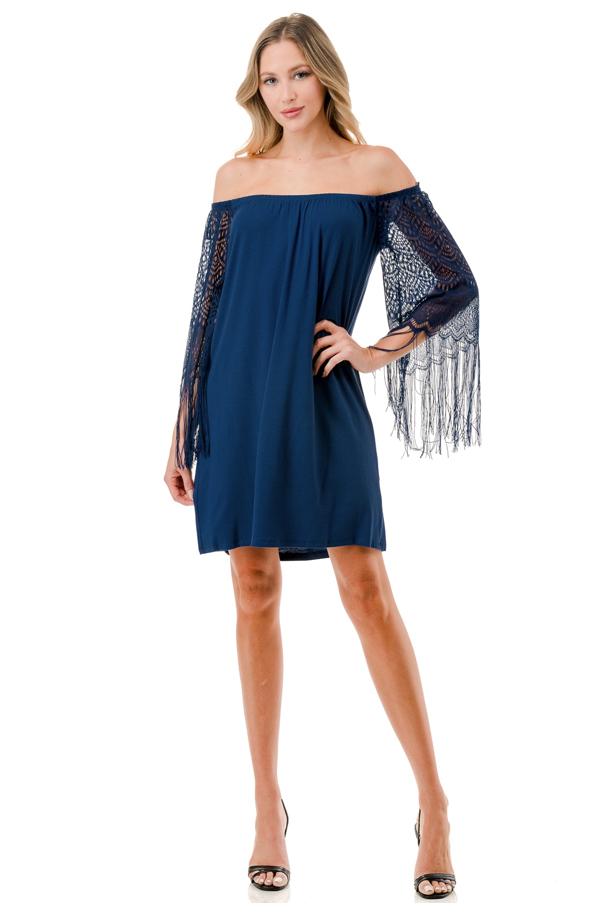 FARRAH OFF SHOULDER DRESS (NAVY)- VD9215