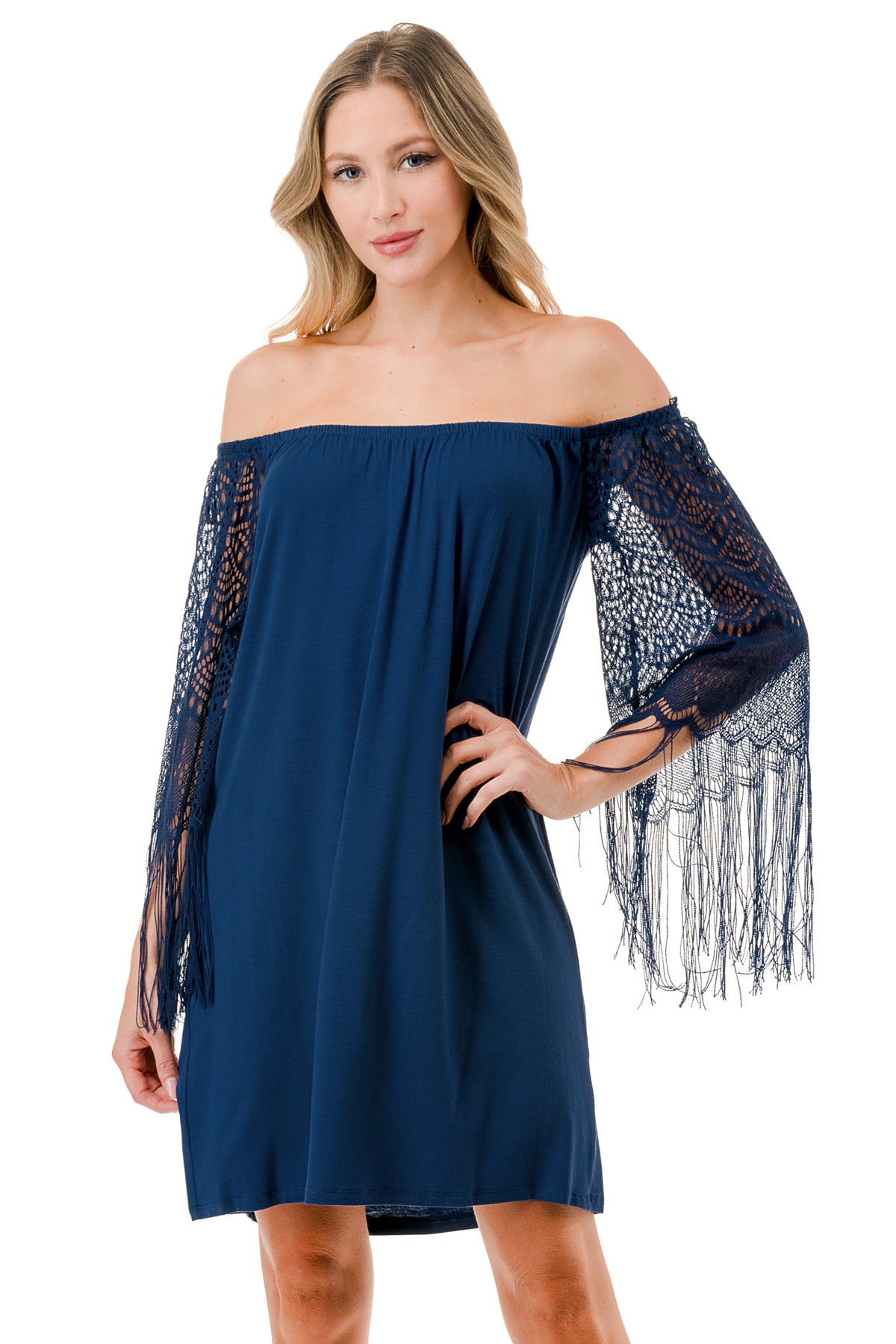 FARRAH OFF SHOULDER DRESS (NAVY)- VD9215