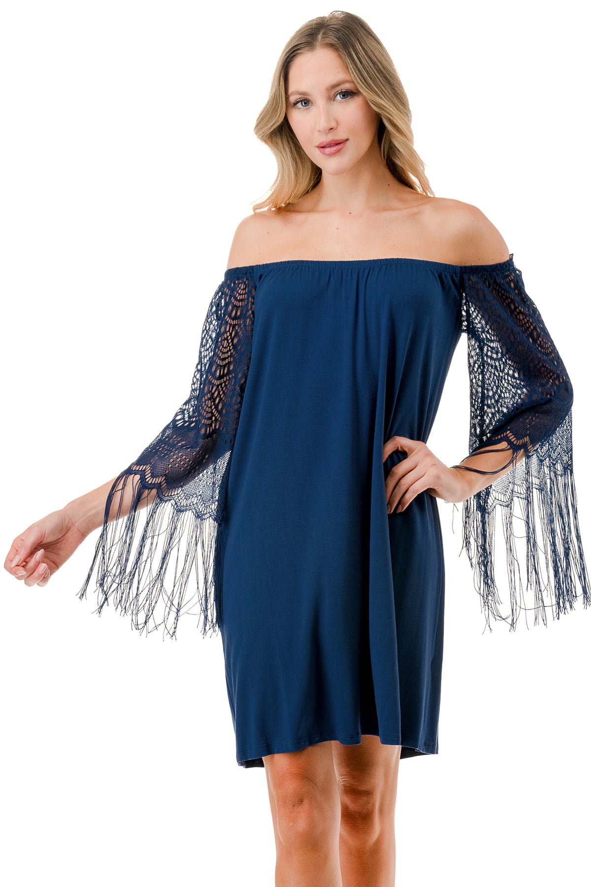 FARRAH OFF SHOULDER DRESS (NAVY)- VD9215
