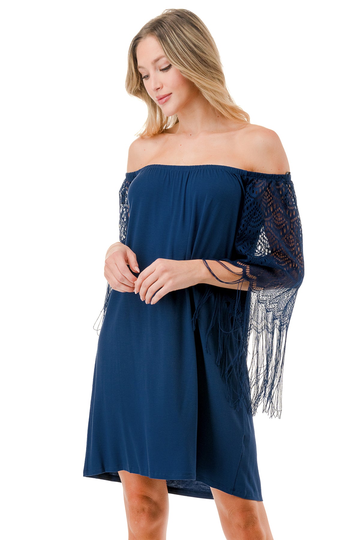 FARRAH OFF SHOULDER DRESS (NAVY)- VD9215