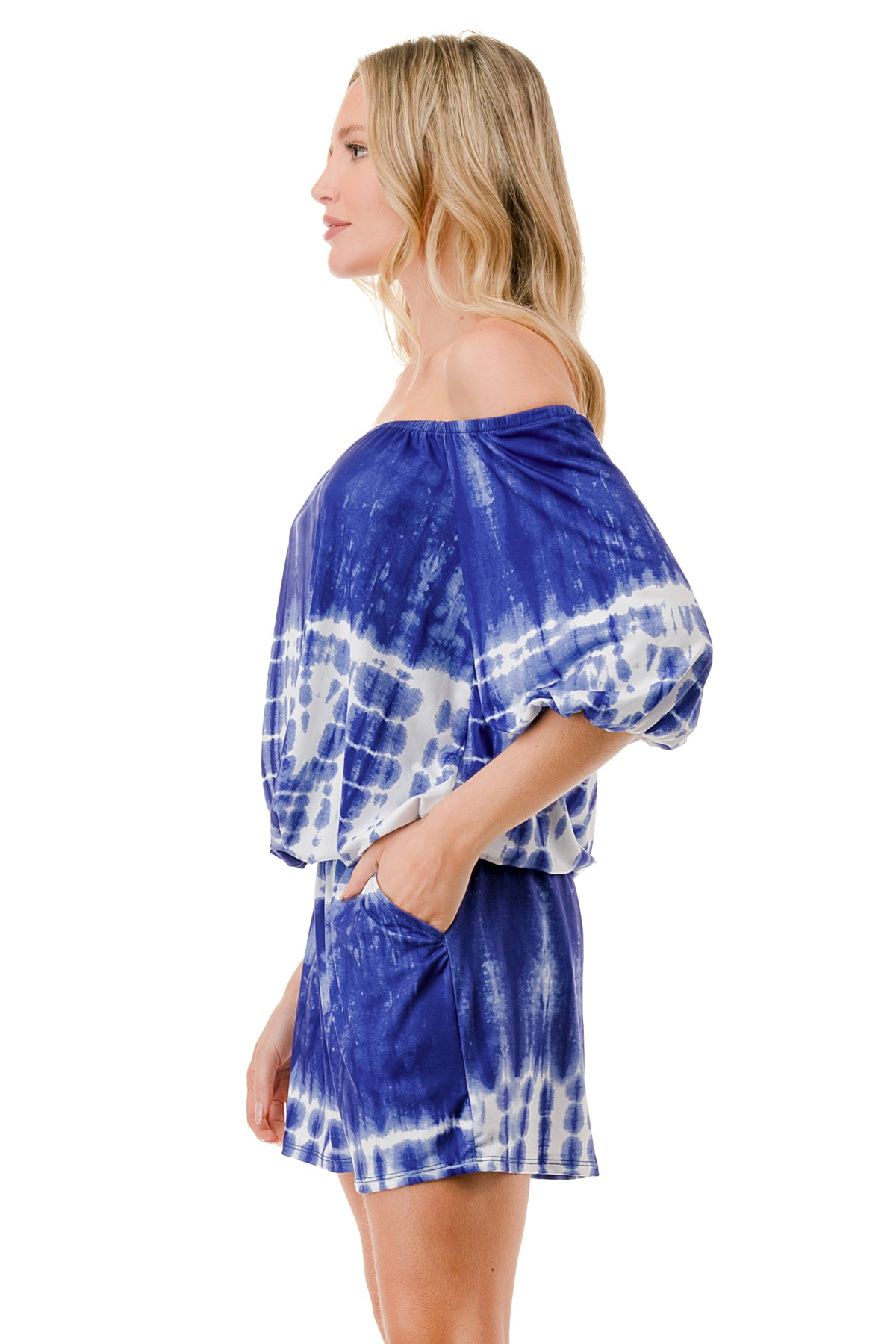 RUBI 3/4 SLEEVE ROMPER (BLUE TIE DYE)- VR3313
