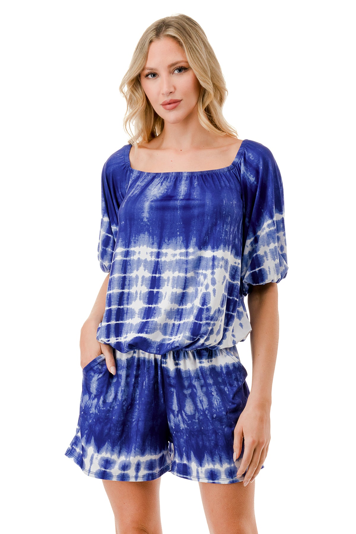 RUBI 3/4 SLEEVE ROMPER (BLUE TIE DYE)- VR3313