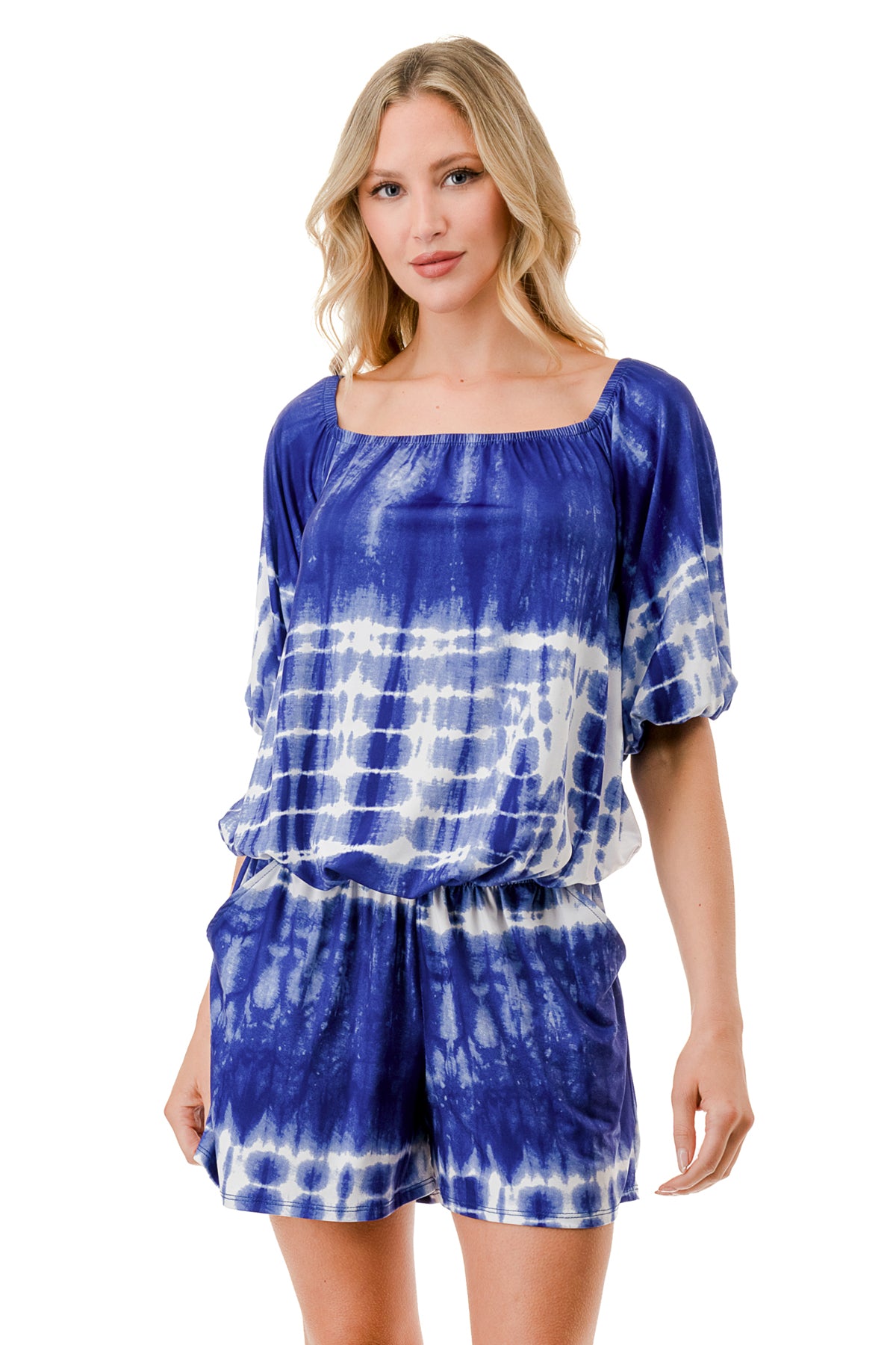 RUBI 3/4 SLEEVE ROMPER (BLUE TIE DYE)- VR3313