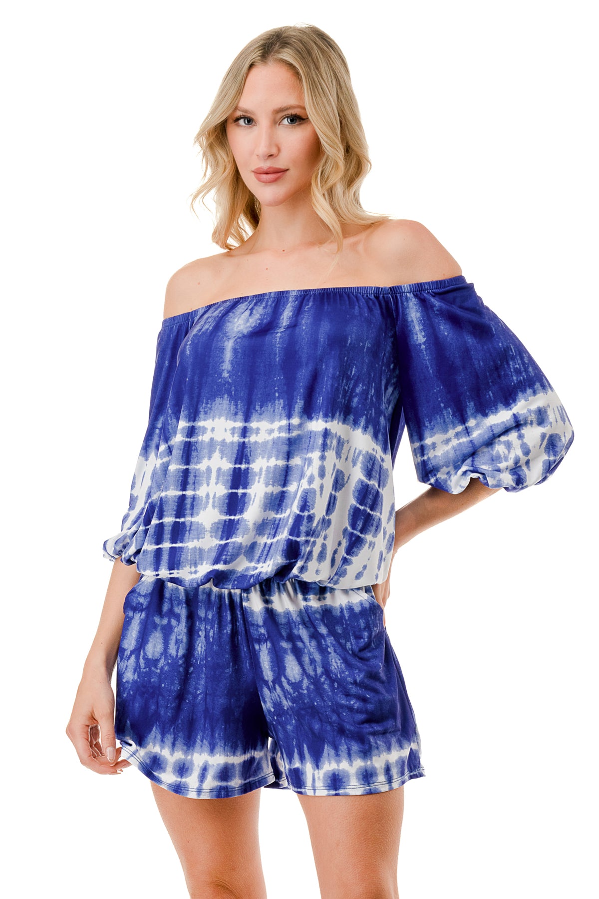 RUBI 3/4 SLEEVE ROMPER (BLUE TIE DYE)- VR3313