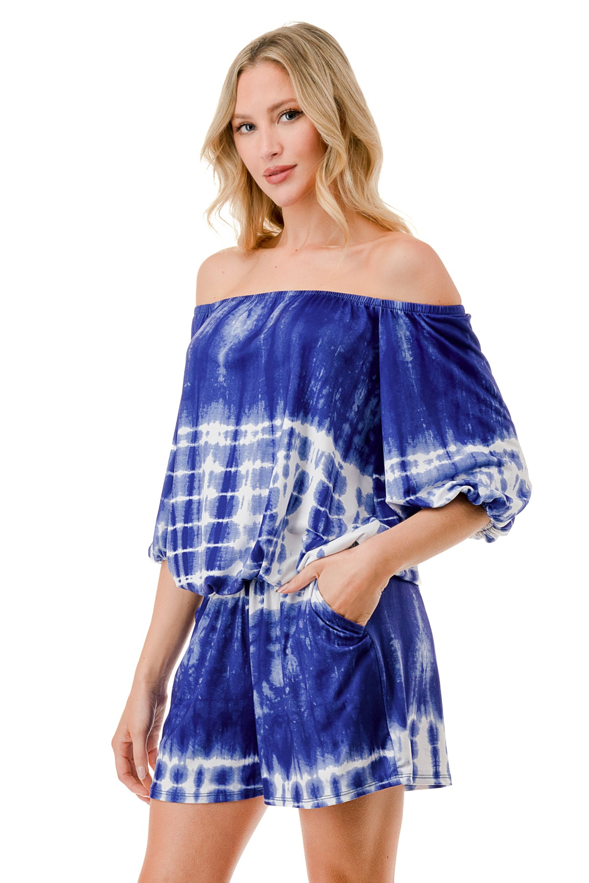 RUBI 3/4 SLEEVE ROMPER (BLUE TIE DYE)- VR3313