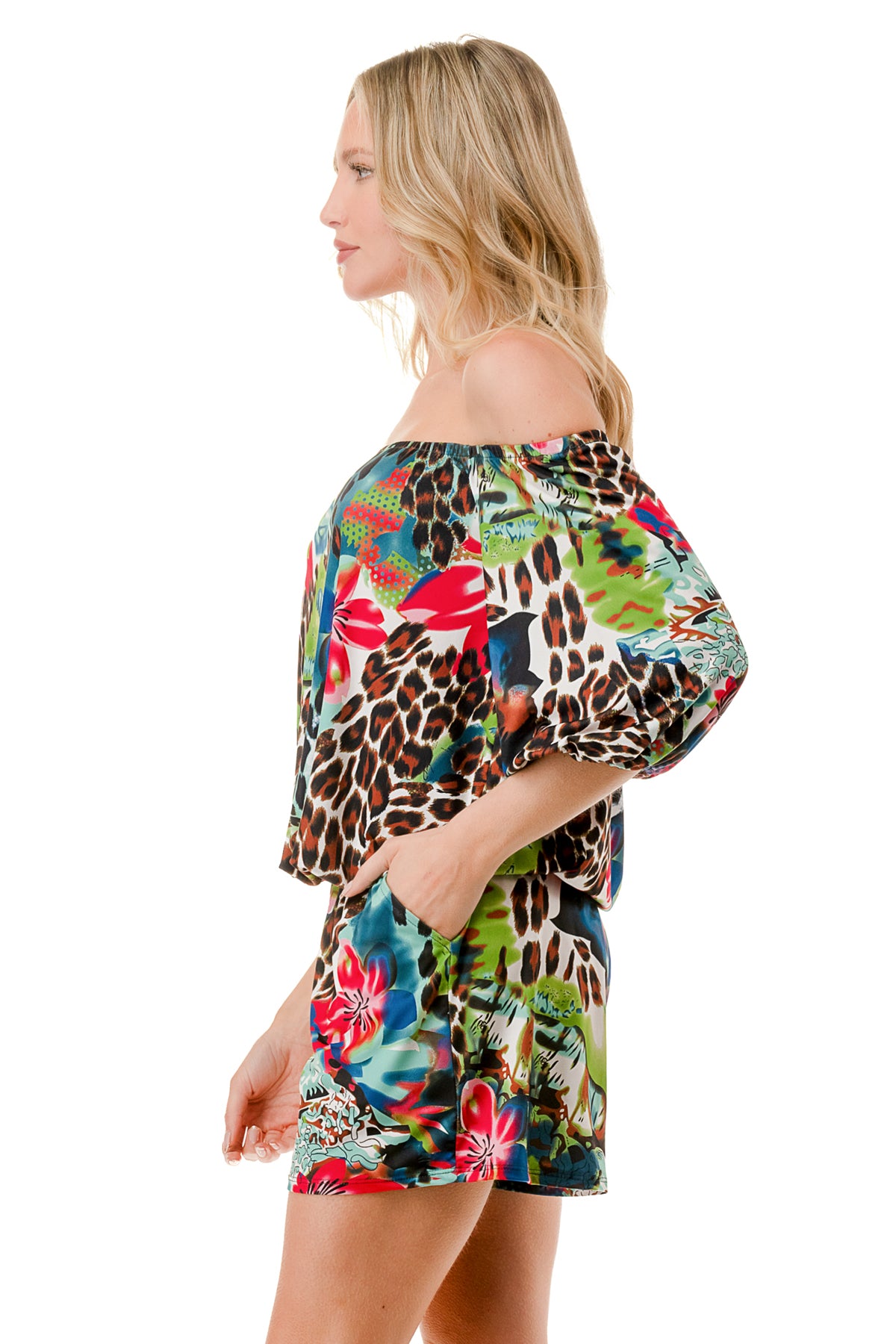 RUBI 3/4 SLEEVE ROMPER (TROPICAL LEOPARD)- VR3313