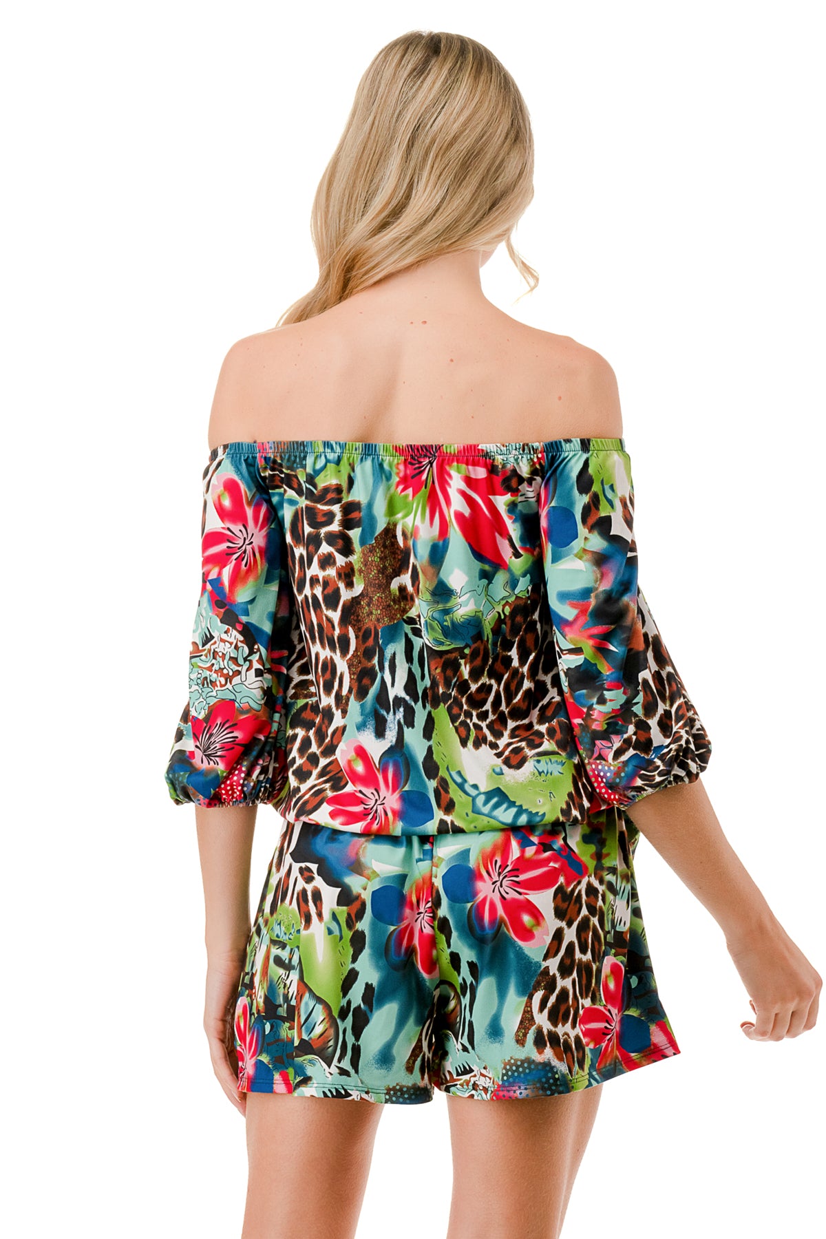 RUBI 3/4 SLEEVE ROMPER (TROPICAL LEOPARD)- VR3313