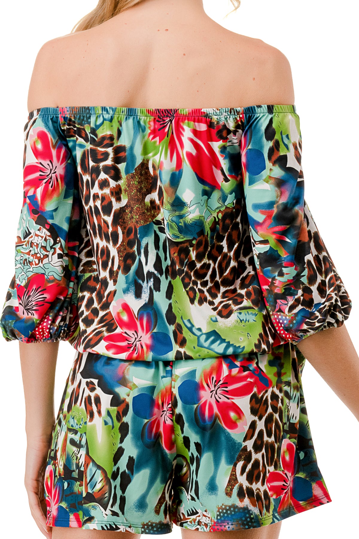 RUBI 3/4 SLEEVE ROMPER (TROPICAL LEOPARD)- VR3313