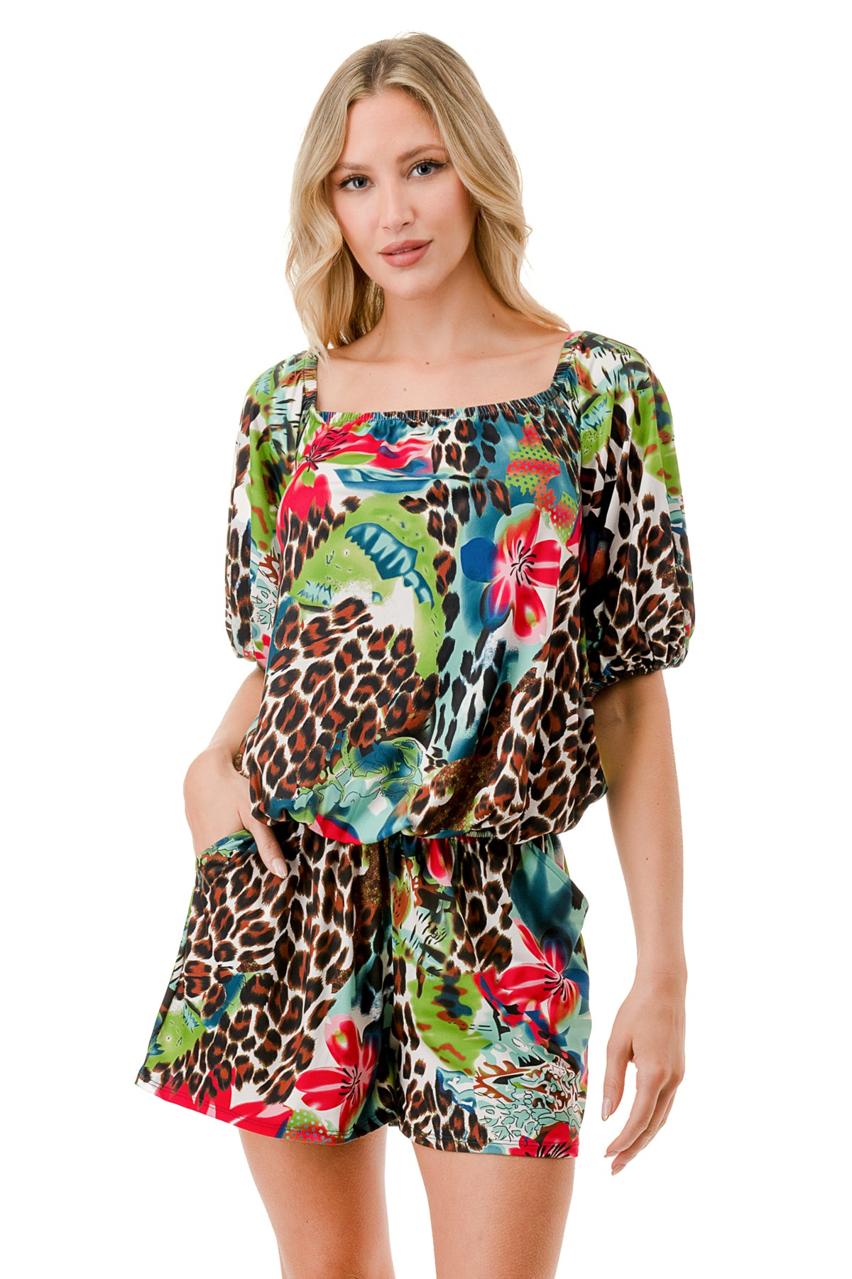 RUBI 3/4 SLEEVE ROMPER (TROPICAL LEOPARD)- VR3313