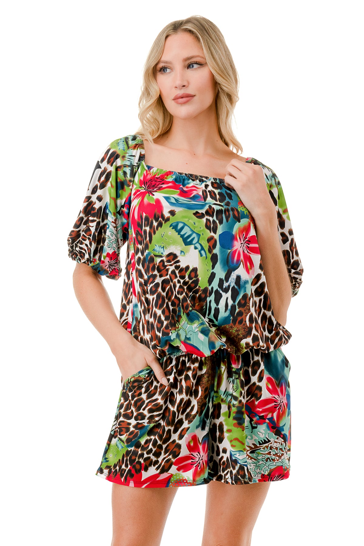 RUBI 3/4 SLEEVE ROMPER (TROPICAL LEOPARD)- VR3313