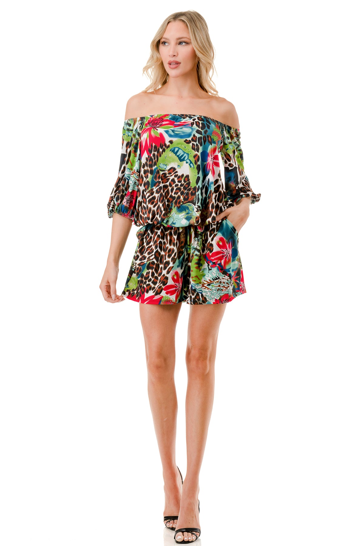 RUBI 3/4 SLEEVE ROMPER (TROPICAL LEOPARD)- VR3313