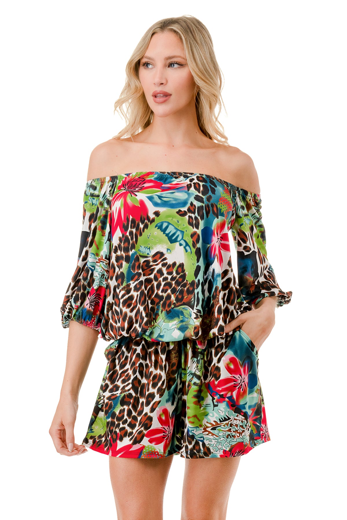 RUBI 3/4 SLEEVE ROMPER (TROPICAL LEOPARD)- VR3313