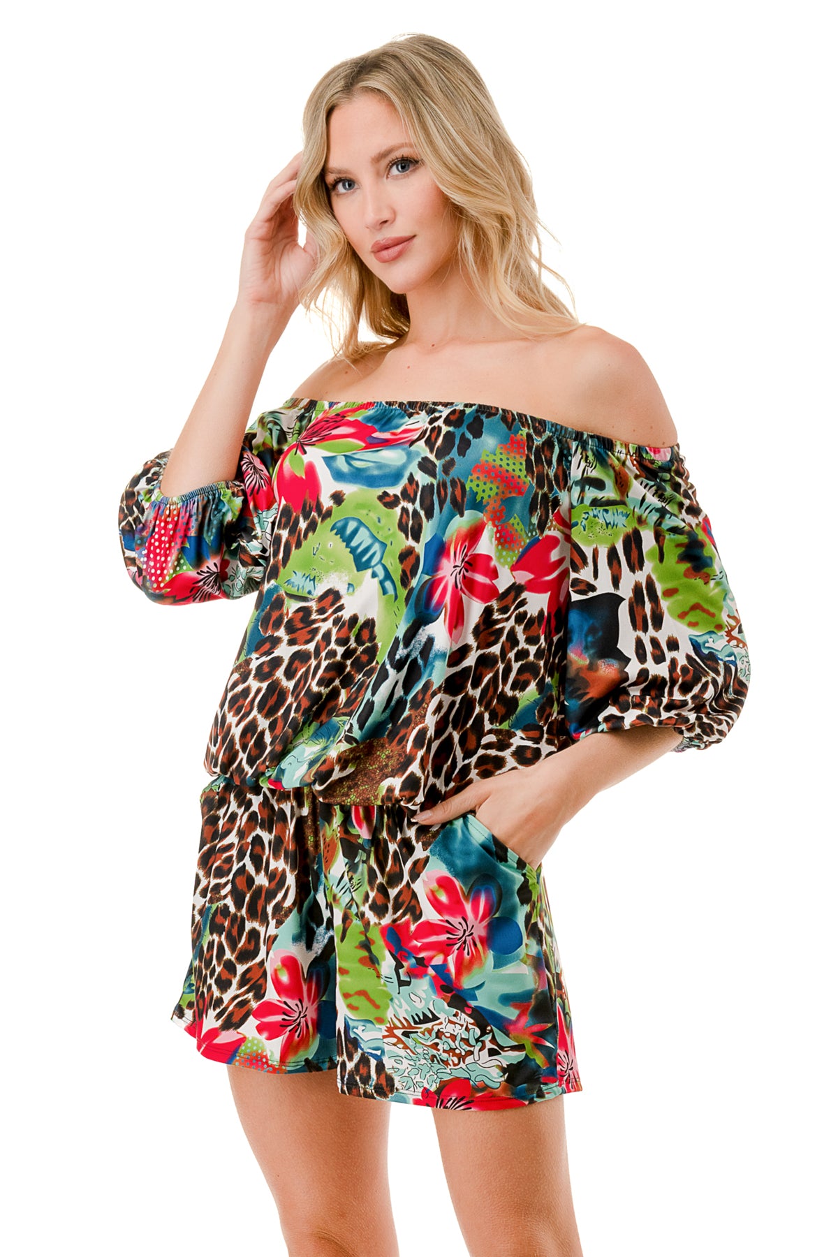 RUBI 3/4 SLEEVE ROMPER (TROPICAL LEOPARD)- VR3313