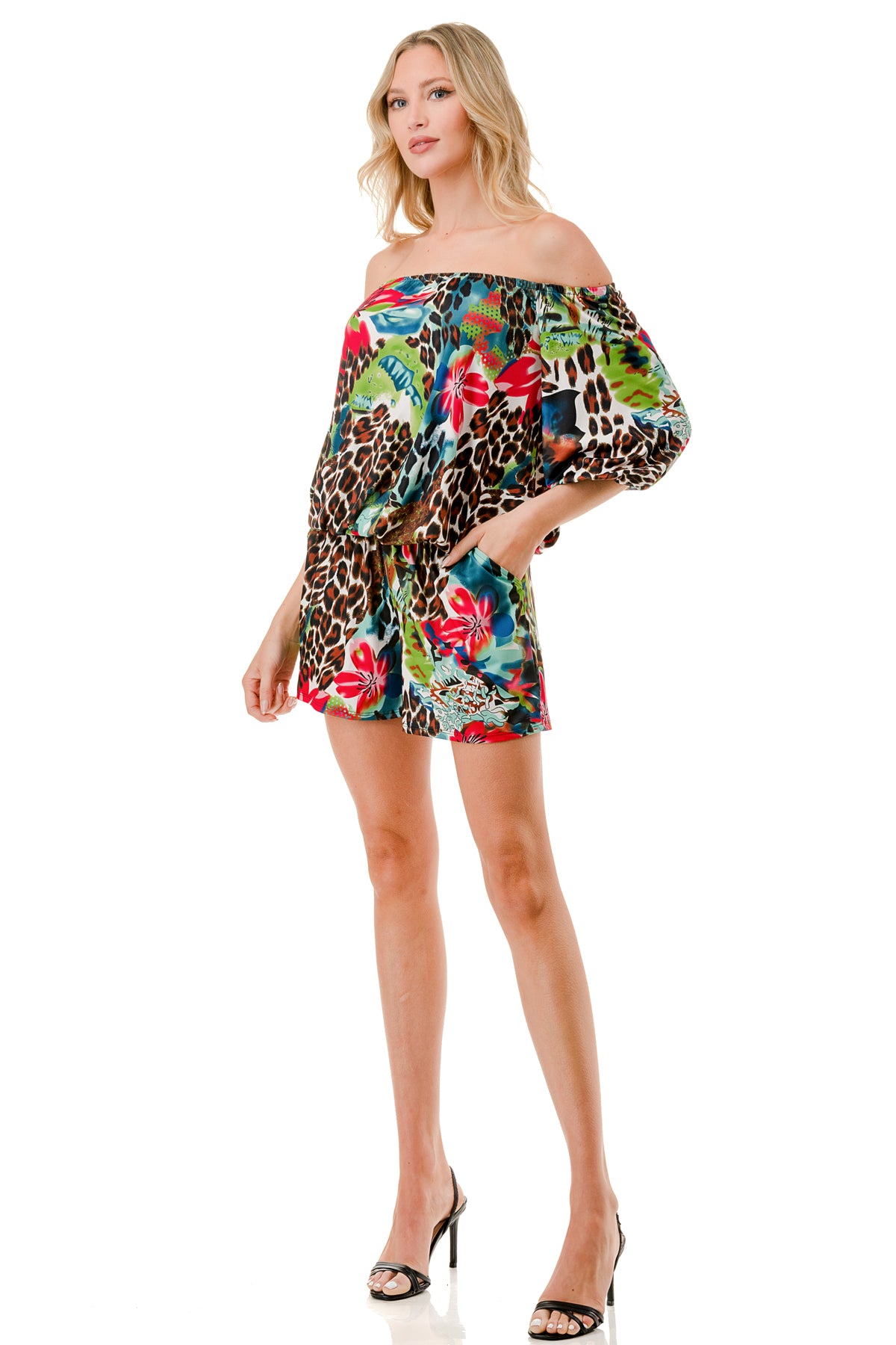 RUBI 3/4 SLEEVE ROMPER (TROPICAL LEOPARD)- VR3313