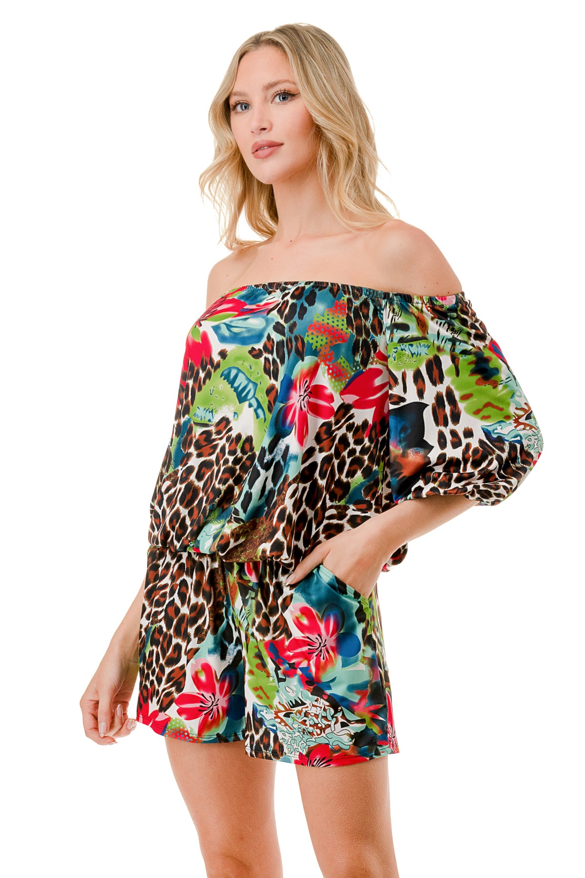 RUBI 3/4 SLEEVE ROMPER (TROPICAL LEOPARD)- VR3313