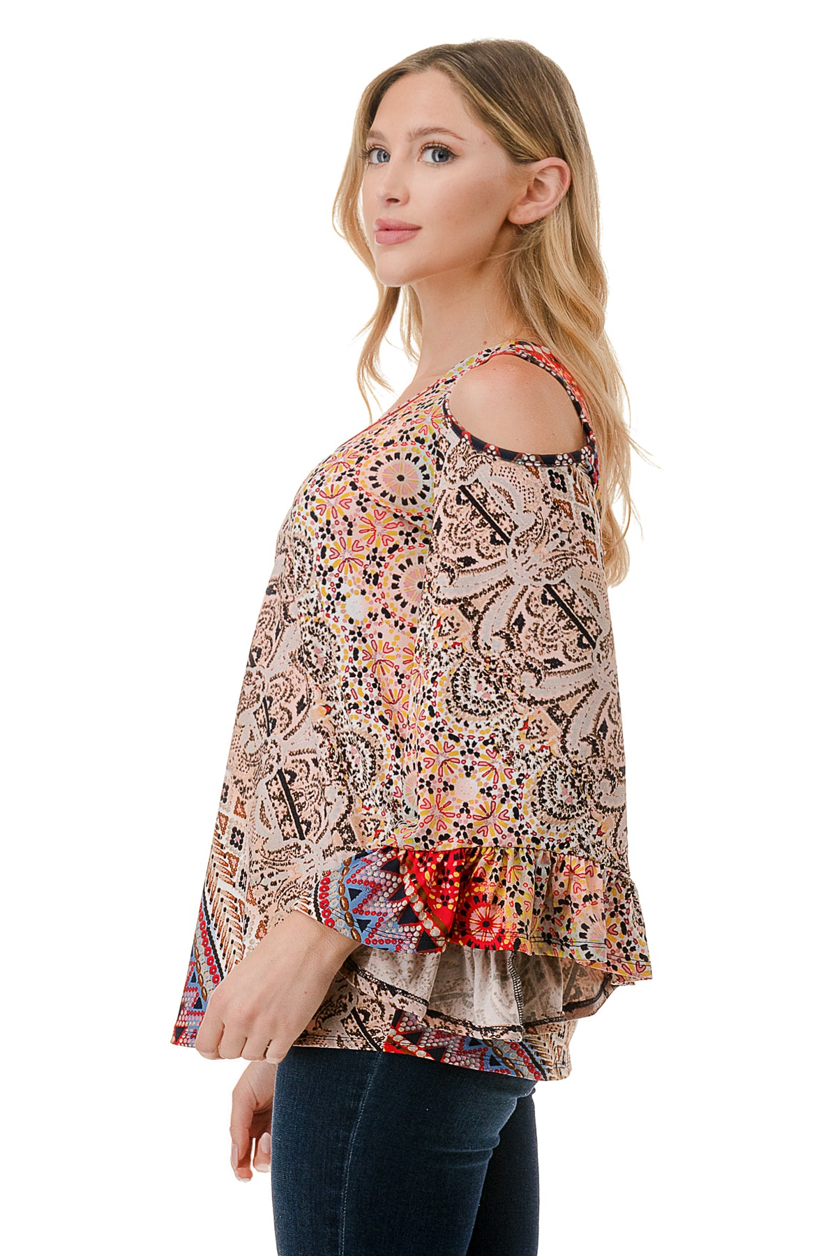 CONSTANCE OPEN SHOULDER TOP (RED MULTI)- VT2399