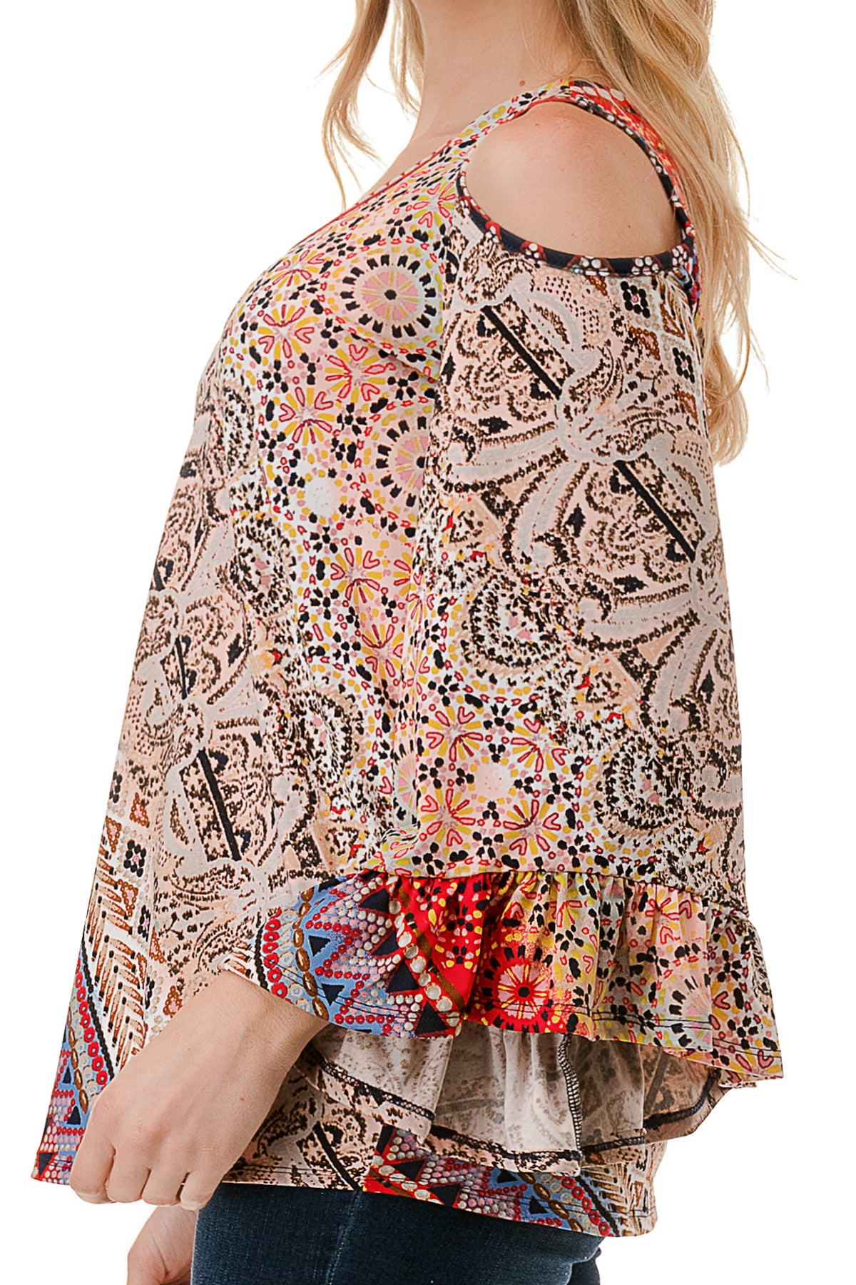 CONSTANCE OPEN SHOULDER TOP (RED MULTI)- VT2399