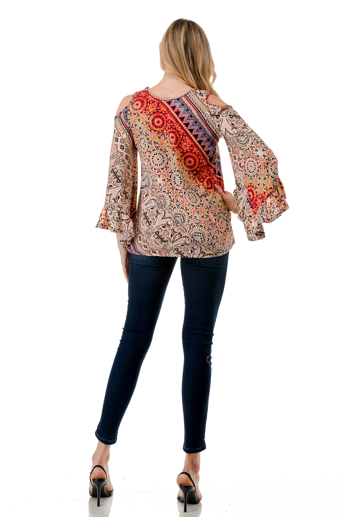 CONSTANCE OPEN SHOULDER TOP (RED MULTI)- VT2399