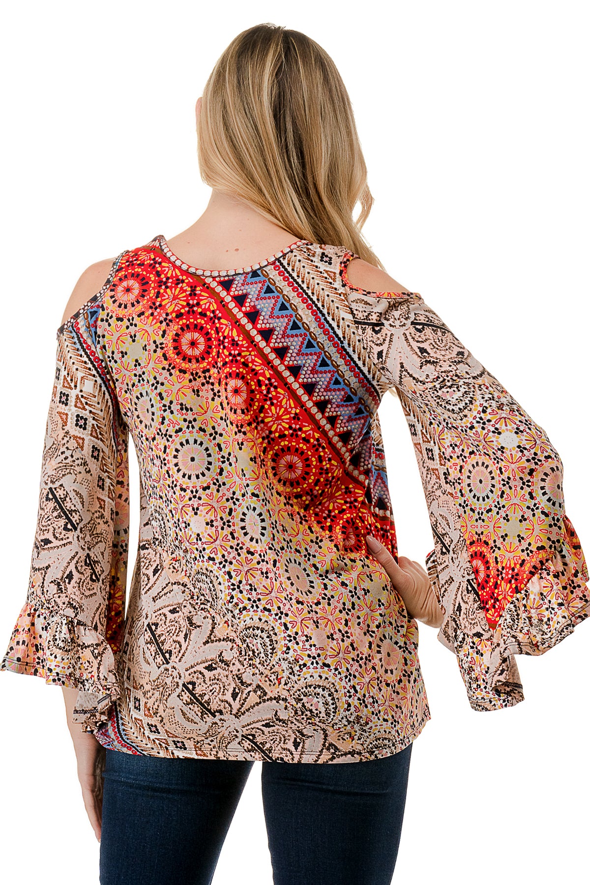 CONSTANCE OPEN SHOULDER TOP (RED MULTI)- VT2399