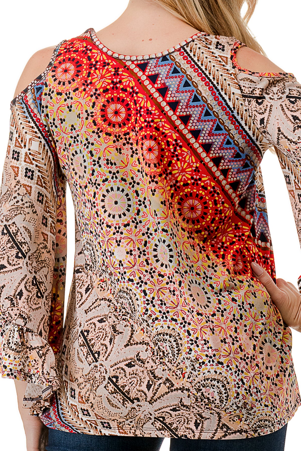 CONSTANCE OPEN SHOULDER TOP (RED MULTI)- VT2399