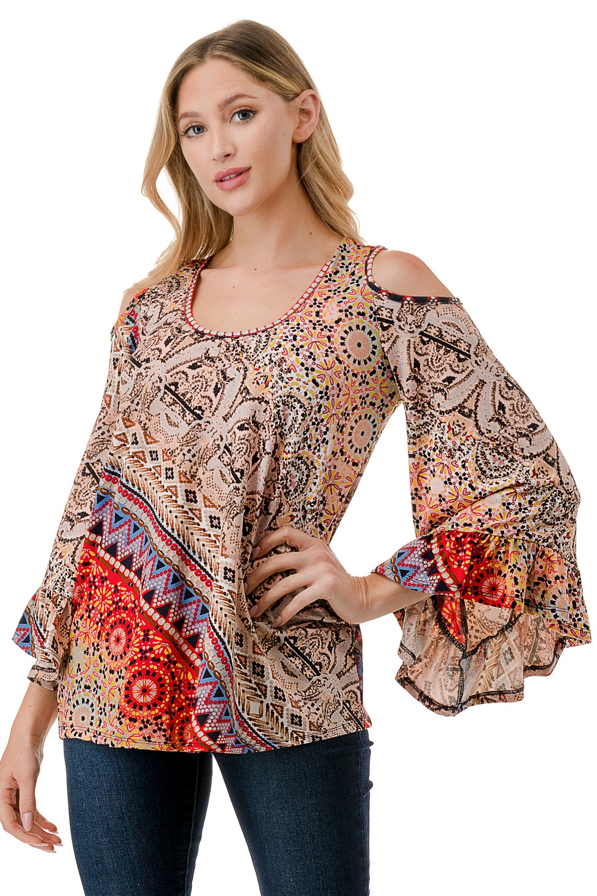 CONSTANCE OPEN SHOULDER TOP (RED MULTI)- VT2399