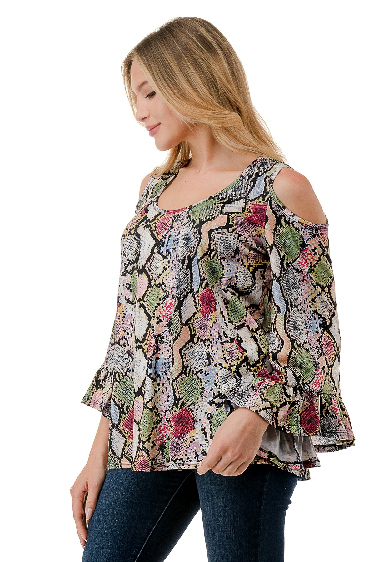 CONSTANCE OPEN SHOULDER TOP (MULTI SNAKE)- VT2399