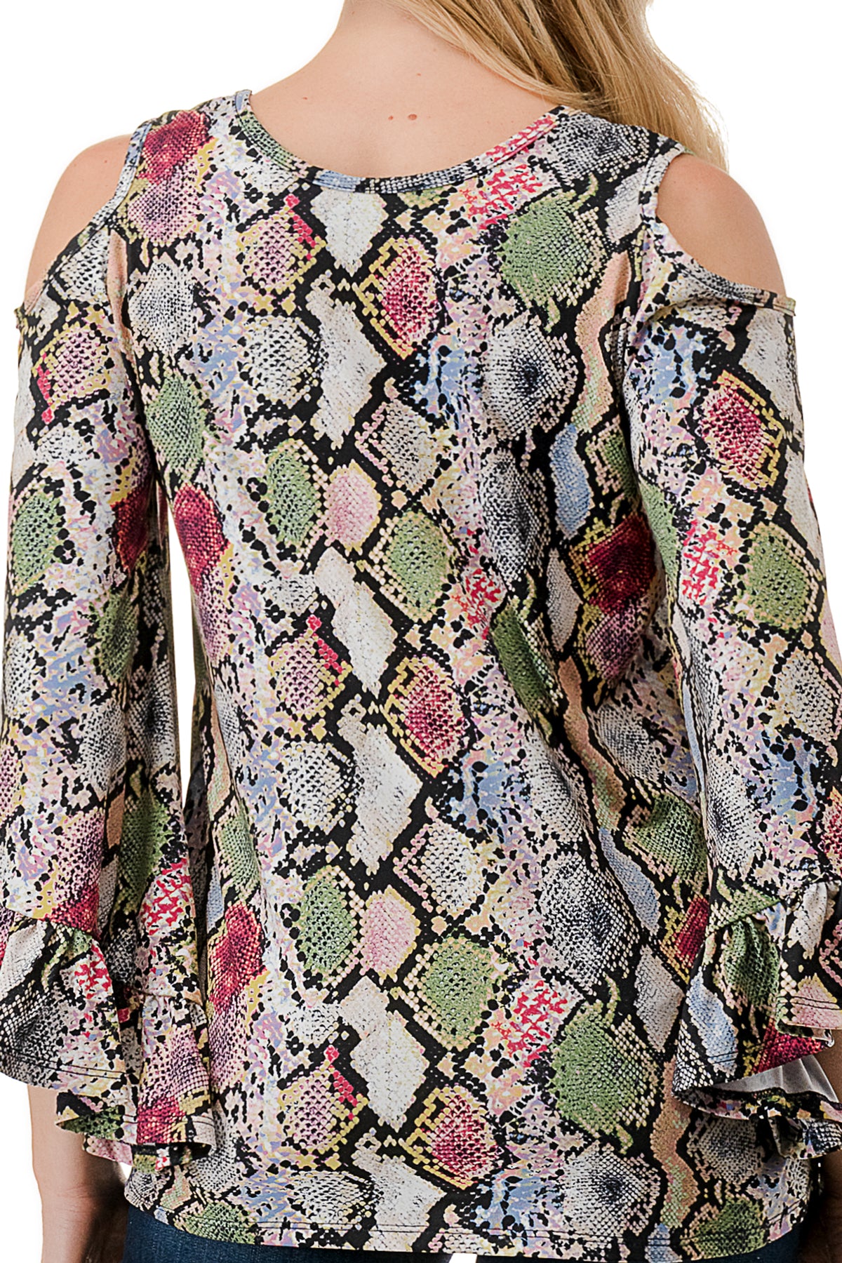 CONSTANCE OPEN SHOULDER TOP (MULTI SNAKE)- VT2399