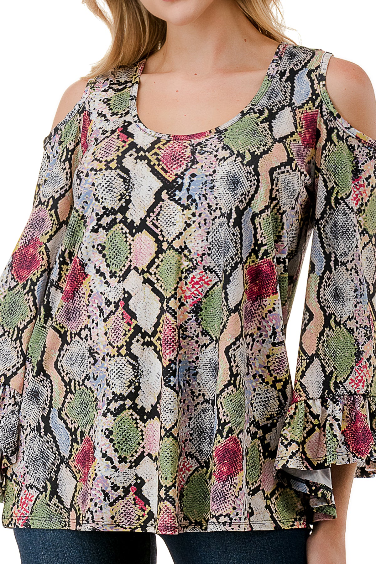 CONSTANCE OPEN SHOULDER TOP (MULTI SNAKE)- VT2399