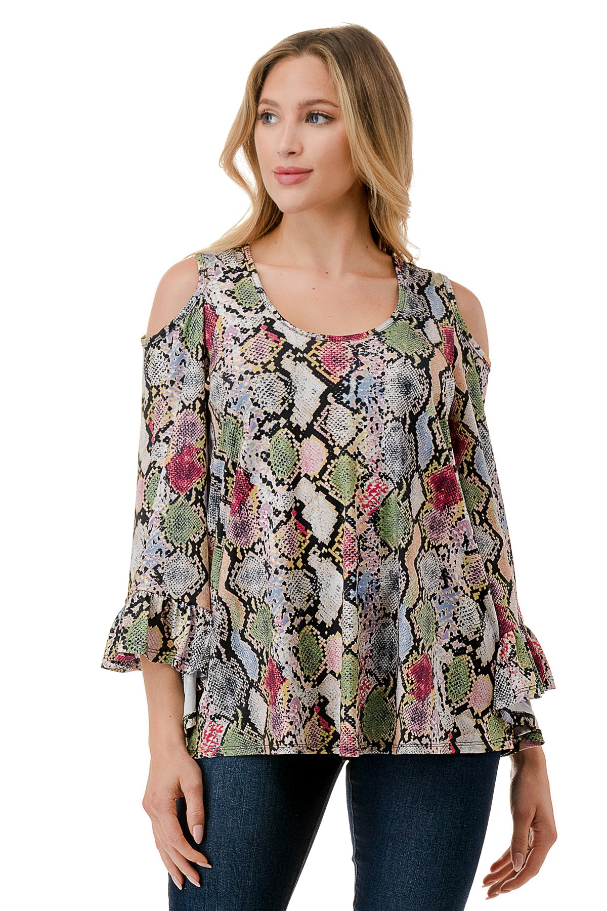 CONSTANCE OPEN SHOULDER TOP (MULTI SNAKE)- VT2399